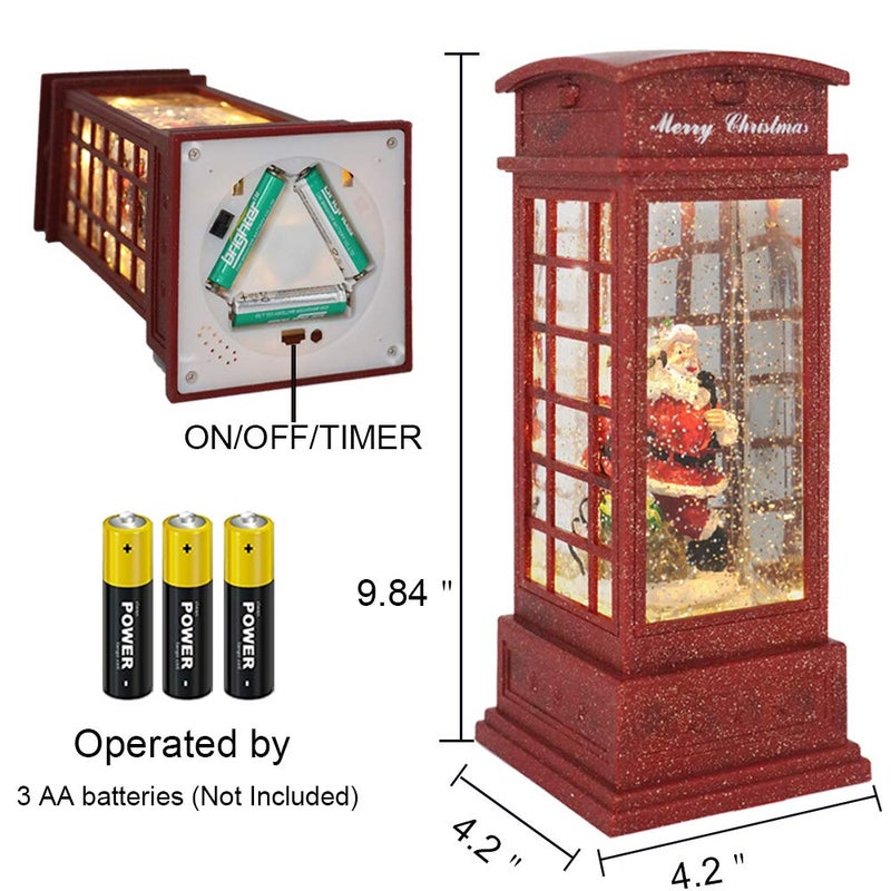 Eldnacele Christmas Snow Globe Lantern Phone Booth  Swirling Water Glittering Battery Operated Festicval Ornament with Timer for Christmas Tabletop Centerpiece Home Decoration(Phone Booth) - Image 2
